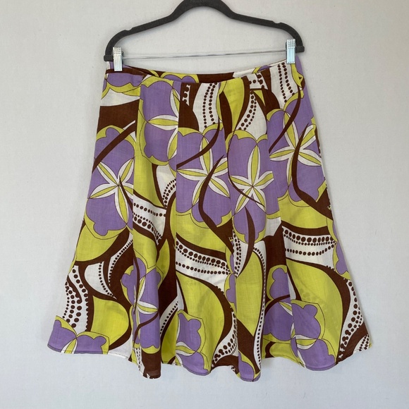 S.L.B. Women's Size 10 Retro Print A-line Swing Skirt 100% Linen - Picture 2 of 5